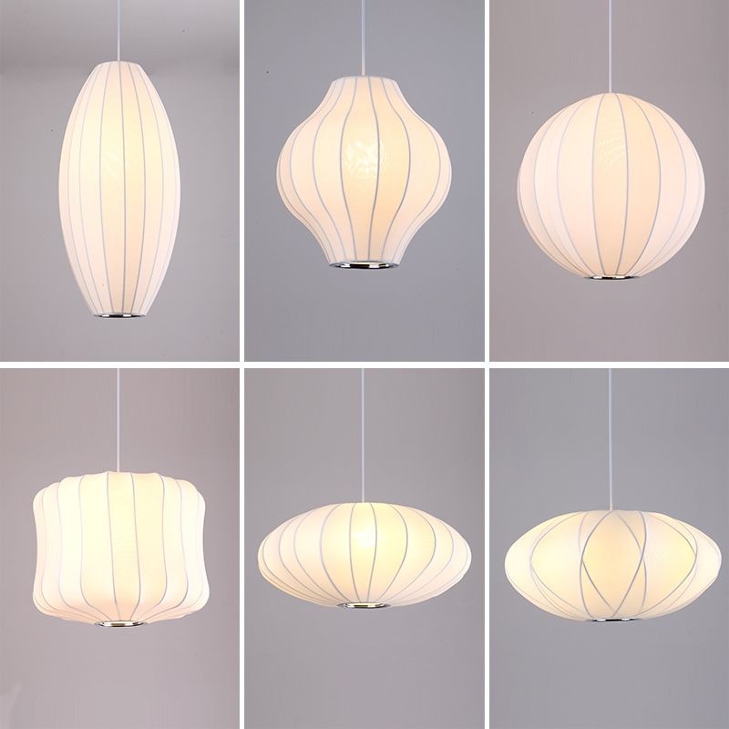 White Shaded Pendant Lighting Fixture Modern Fabric Hanging Ceiling Light for Restaurant