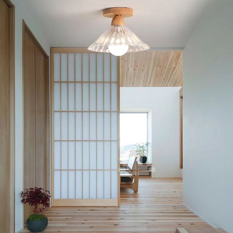Modern Ceiling Light 1-Light Wooden Ceiling Mount Light with Glass Shade for Bedroom