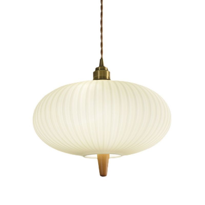 Wooden Geometric Pendant Light in Modern Artistic Style Copper Indoor Hanging Lamp with Glass Shade