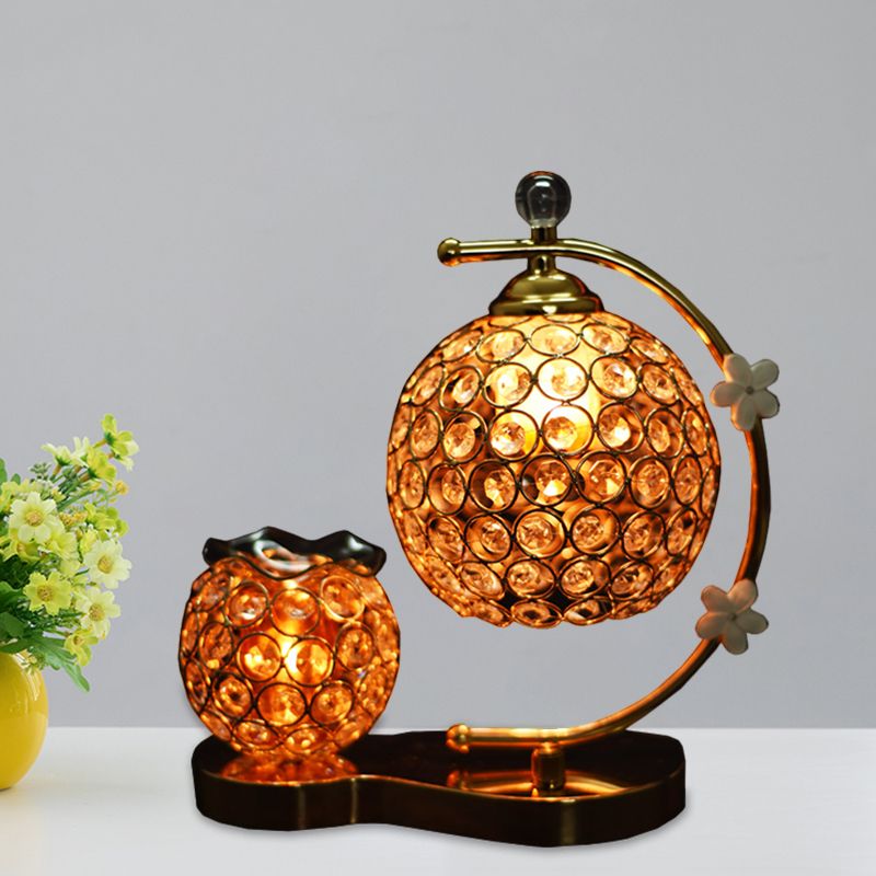 Global Crystal Encrusted Desk Lamp Simplicity Single Head Gold Night Table Light with Floret Decor