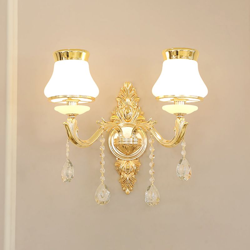 Gold Carved Arm Wall Sconce Light Traditional Metal Bedroom Wall Light with White Lampshade