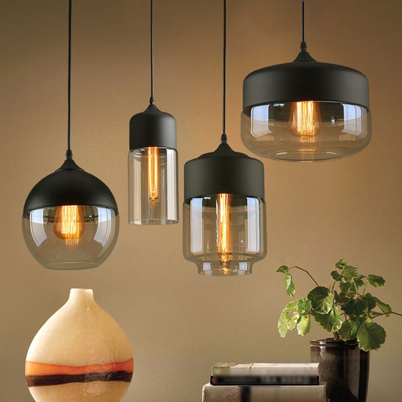 Geometric Hanging Lights Industrial Style Glass 1 Light Pendant Light Kit in Black