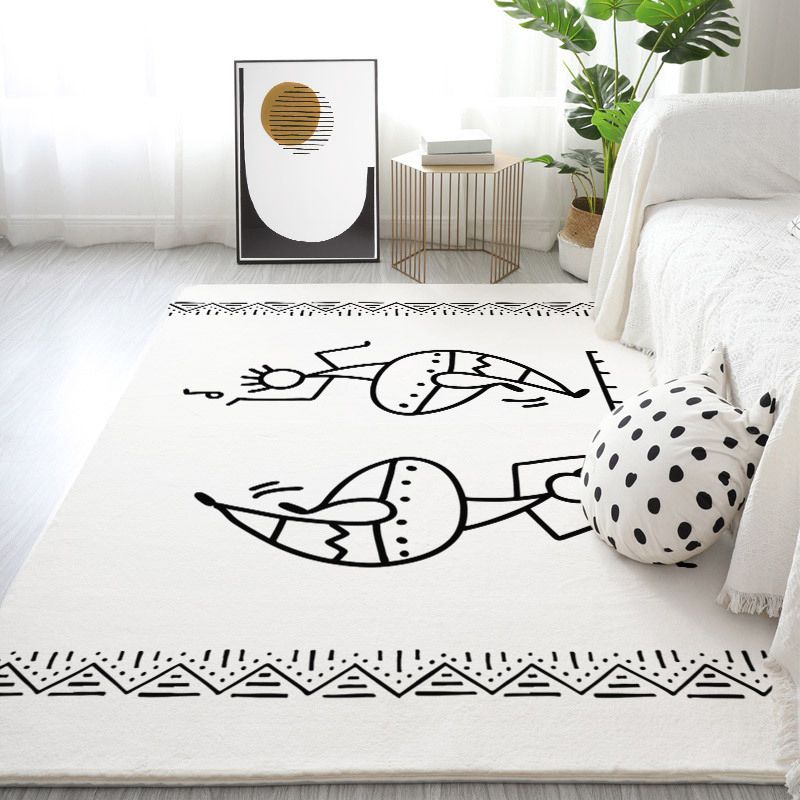 White Modern Rug Polyester Line Area Rug Non-Slip Backing Rug for Drawing Room