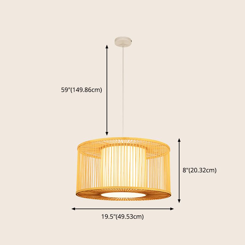 Hand-worked Drum Shaped Pendant Modern Wood 1-Light Restaurant Hanging Lighting