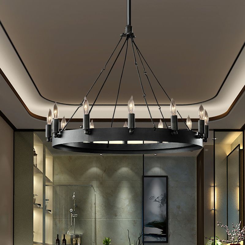 Candle Iron Suspension Lamp Countryside 12-Head Coffee Shop Wagon Wheel Chandelier Lighting in Black
