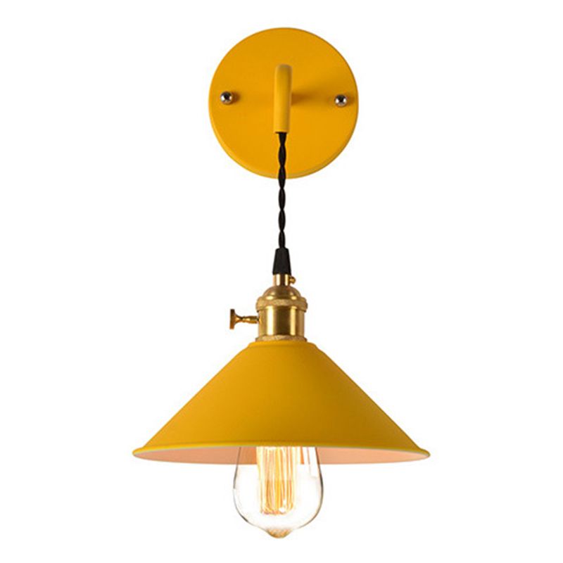 1-Lights Macaroon Style Simplicity Wall Lamp Metal Cone Shade Bedroom Sconce Light with Brass Rotary Switch