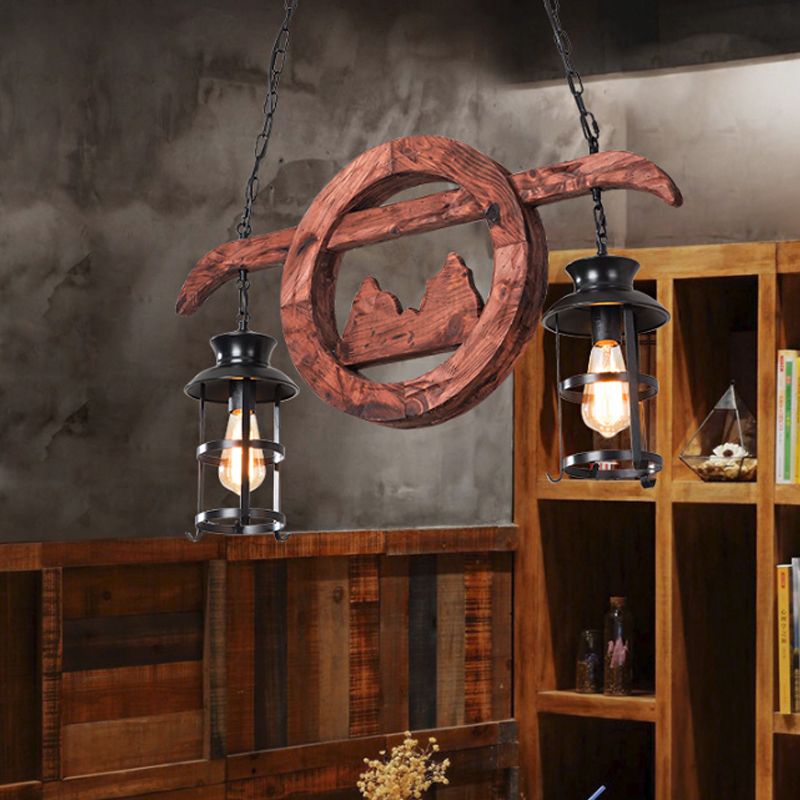 2/6/8 LUMIÈRES LANTERIE PENDANT Ferme de lampe brune îlot en verre transparent avec cercle / trapézoïde / bras en bois sillonnant