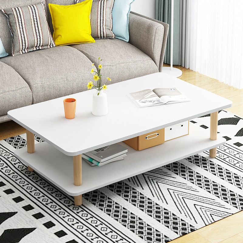 17" H Modern Rectangle Wooden Coffee Table 4 Legs Cocktail Table with Shelf
