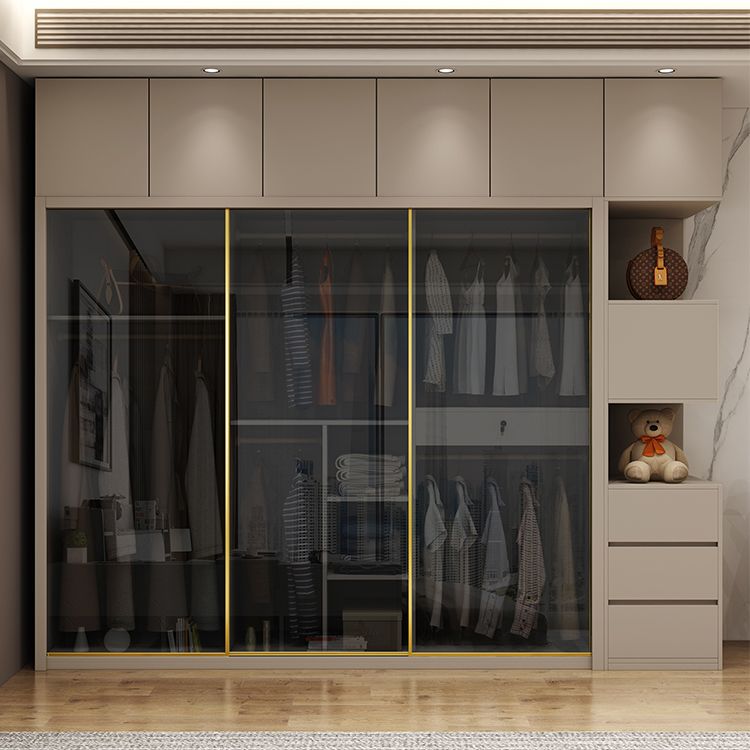 Glass and Wood Wardrobe Cabinet Sliding Wardrobe Armoire without Light