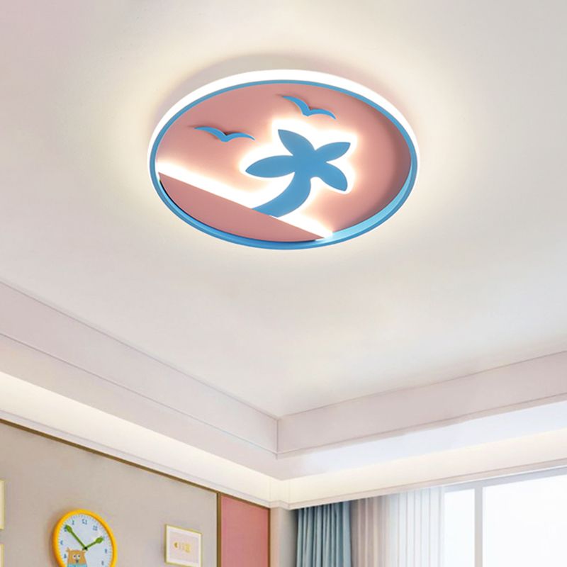 Kids LED Ceiling Flush Light Pink and Blue Tropical Beach Flush Mount Lamp with Circle Acrylic Shade