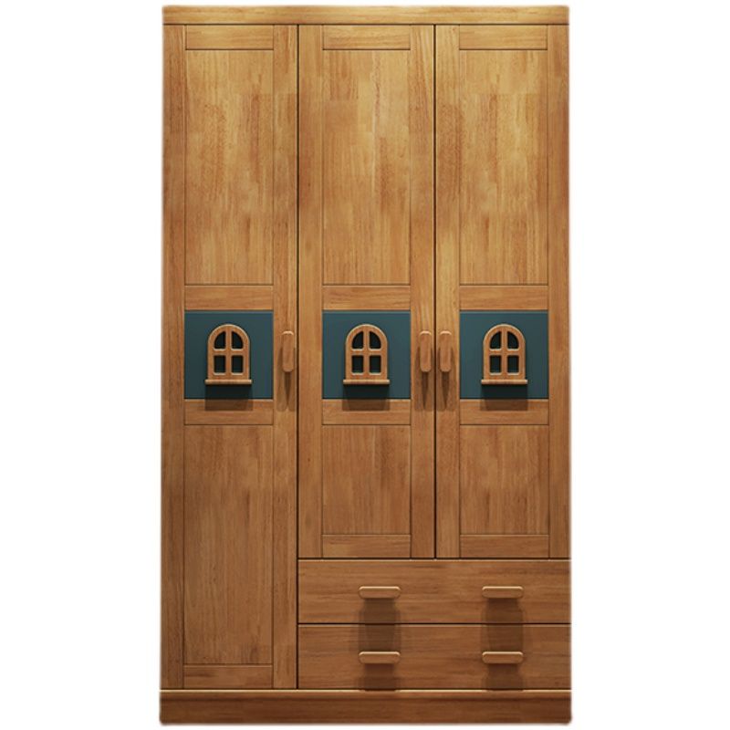 Rubber Wood Kid Wardrobe with Garment Rod and Lower Storage Drawers