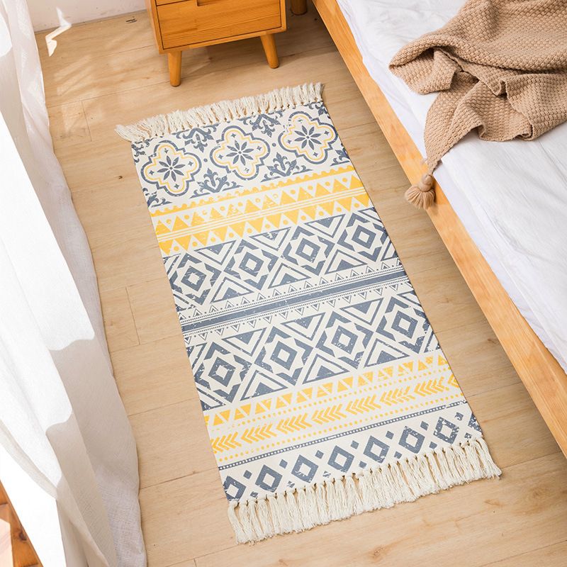 Bohemian Ameicana Pattern Rug Creative Fringe Detail Area Rug Cotton Blend Carpet for Bedroom