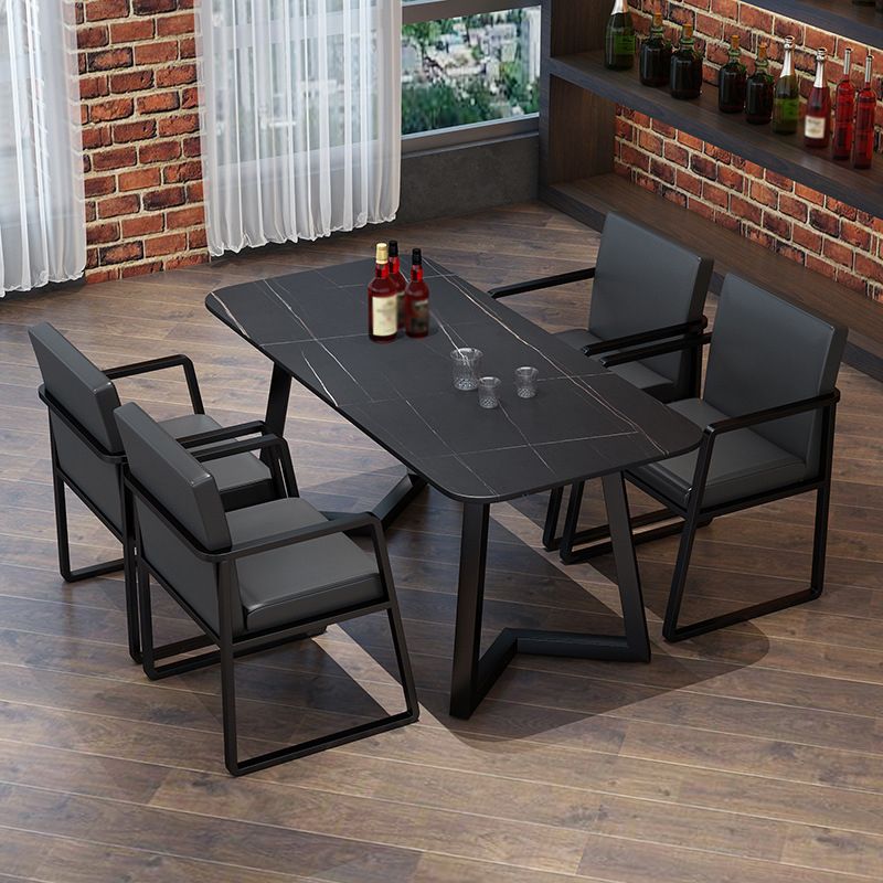 Industrial Style Dining Table Rectangle Sintered Stone Black Table with Metal Base