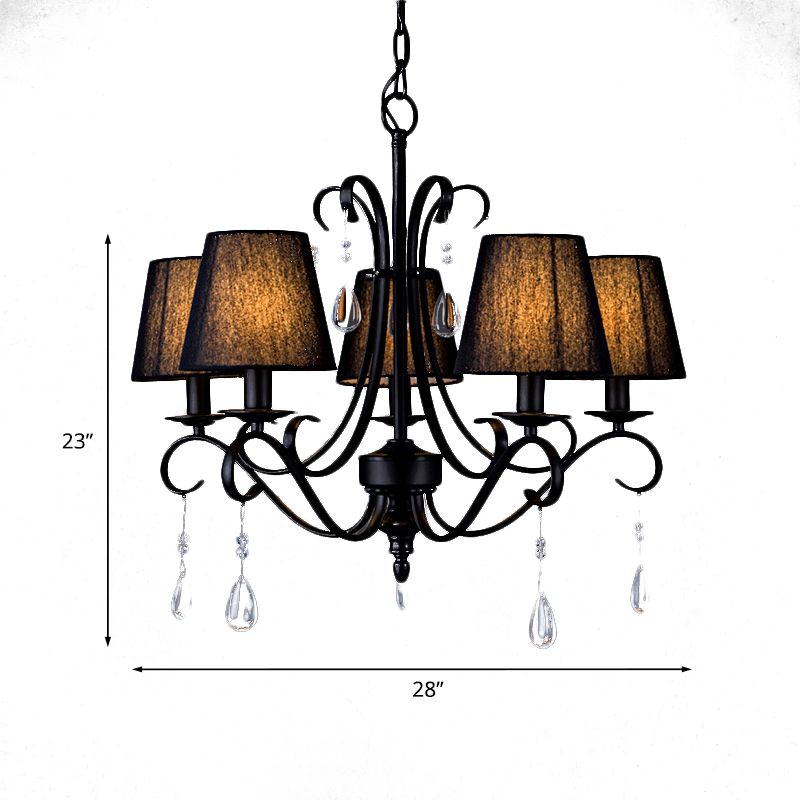 Black Conical Suspension Pendant Rustic Fabric 5 Lights Living Room Chandelier with Swirl Arm and Crystal Drop