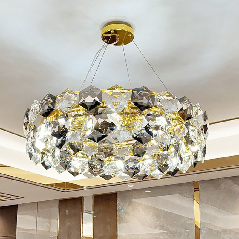 Post-Modern Round Suspension Light Hexagonal-Crystal Living Room Chandelier Lighting in Gold