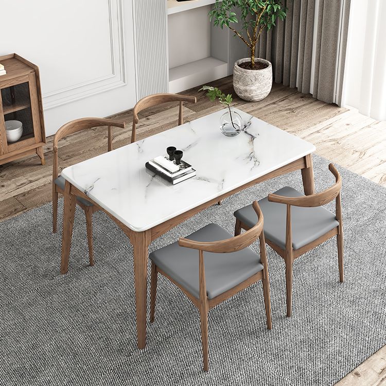 Medieval Modern Sintered Stone Table Kitchen Rectangle White Top Table with 4 Wood Legs