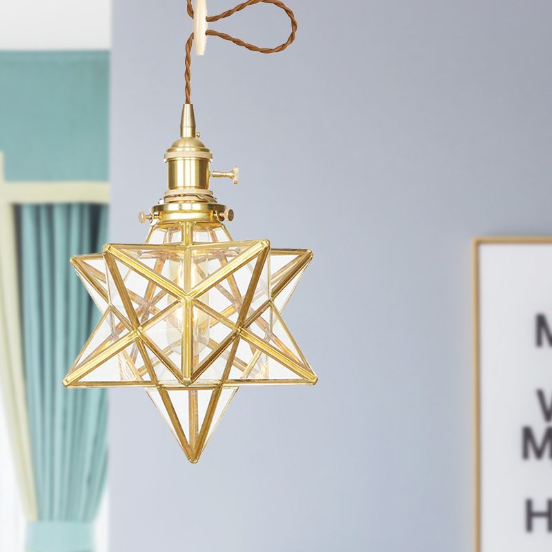 Star Shaped Pendant Lighting Postmodern Clear/Frosted Glass 1 Light Brass Hanging Light Kit with Adjustable Rope