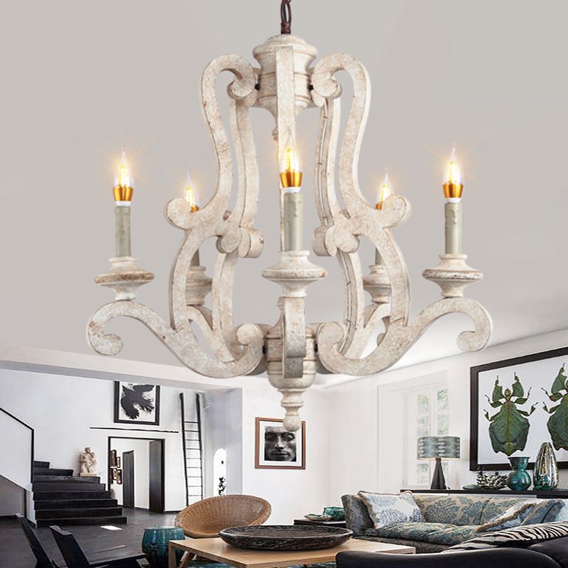 Metal Laser-Cut Chandelier Lamp Retro 5 Bulbs White Pendant Lighting Fixture for Living Room