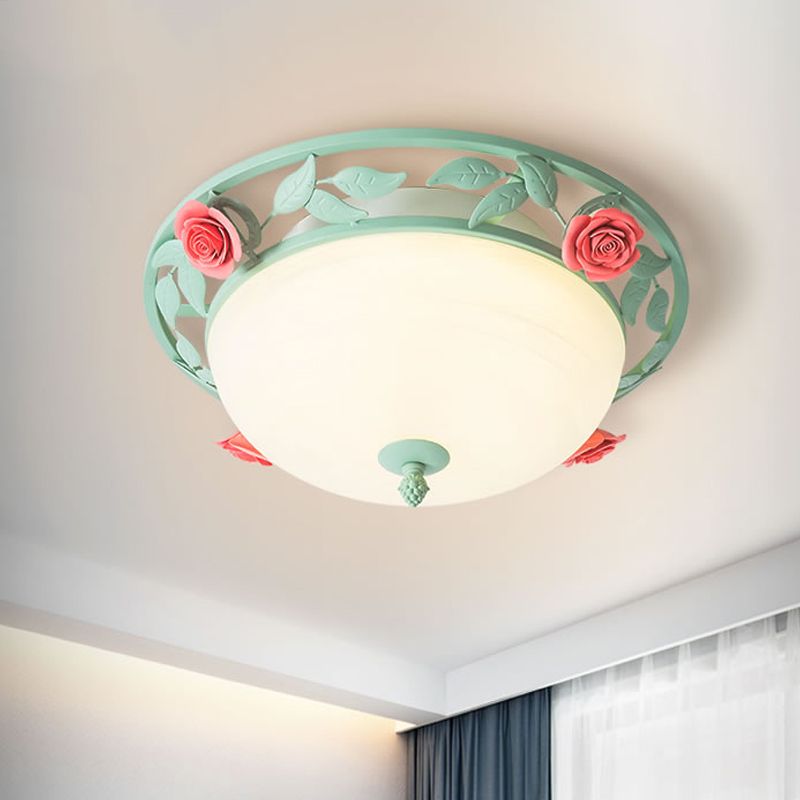 Frosted Glass Dome Flush Light Romantic Pastoral LED Bedroom Flush Mount in Light Green with Rose Decor