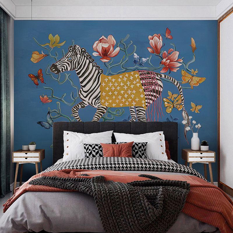 Classic Zebra and Flower Mural for Accent Wall, Big Wall Covering in Natural Color