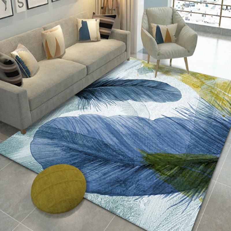 Glam Carpet Polyester Feather Print Rug Non-Slip Backing Indoor Rug for Home Decoration