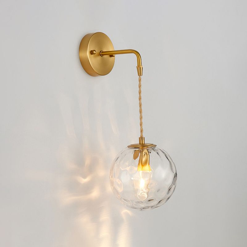 1-Light Bedside Wall Sconce Light Simplicity Brass Wall Light Fixture with Ball Water Glass Shade