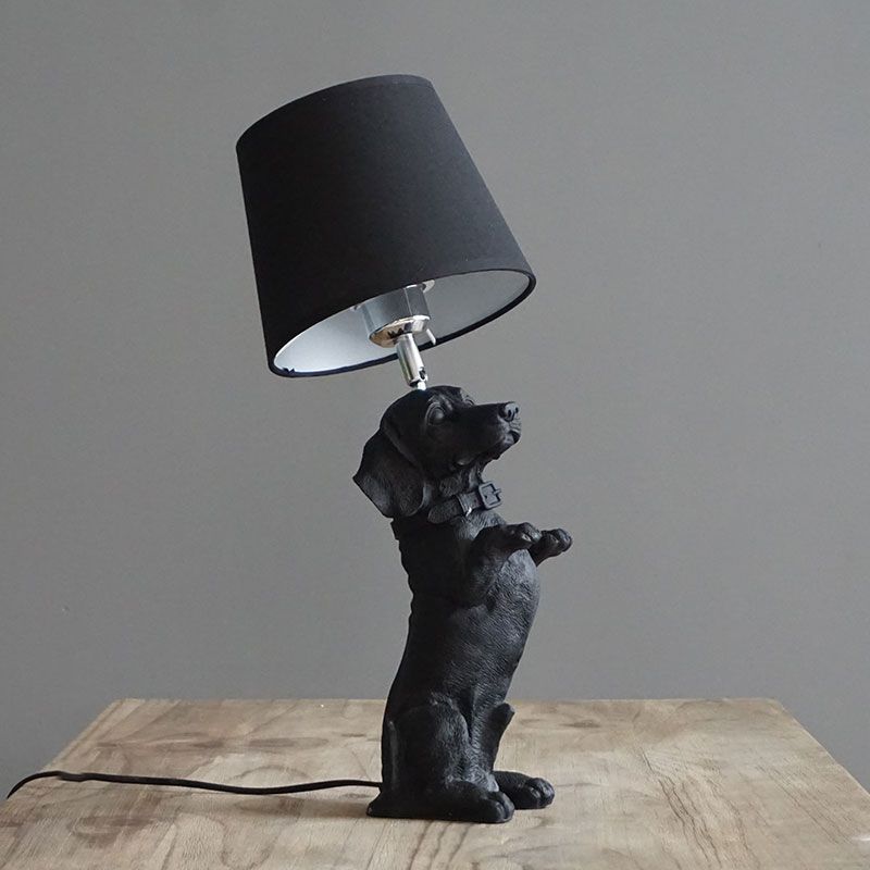 1 Bulb Fabric Night Table Light Traditional Black Drum Bedroom Nightstand Lamp with Resin Dog Base