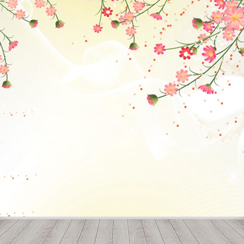 Contemporary Flower Branch Mural Soft Color Stain-Proofing Wall Art for Playroom