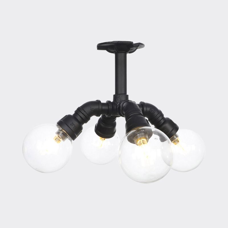 Black 4/5/6-Head Semi Flushmount Antiqued Clear Glass Ball LED Close to Ceiling Lighting