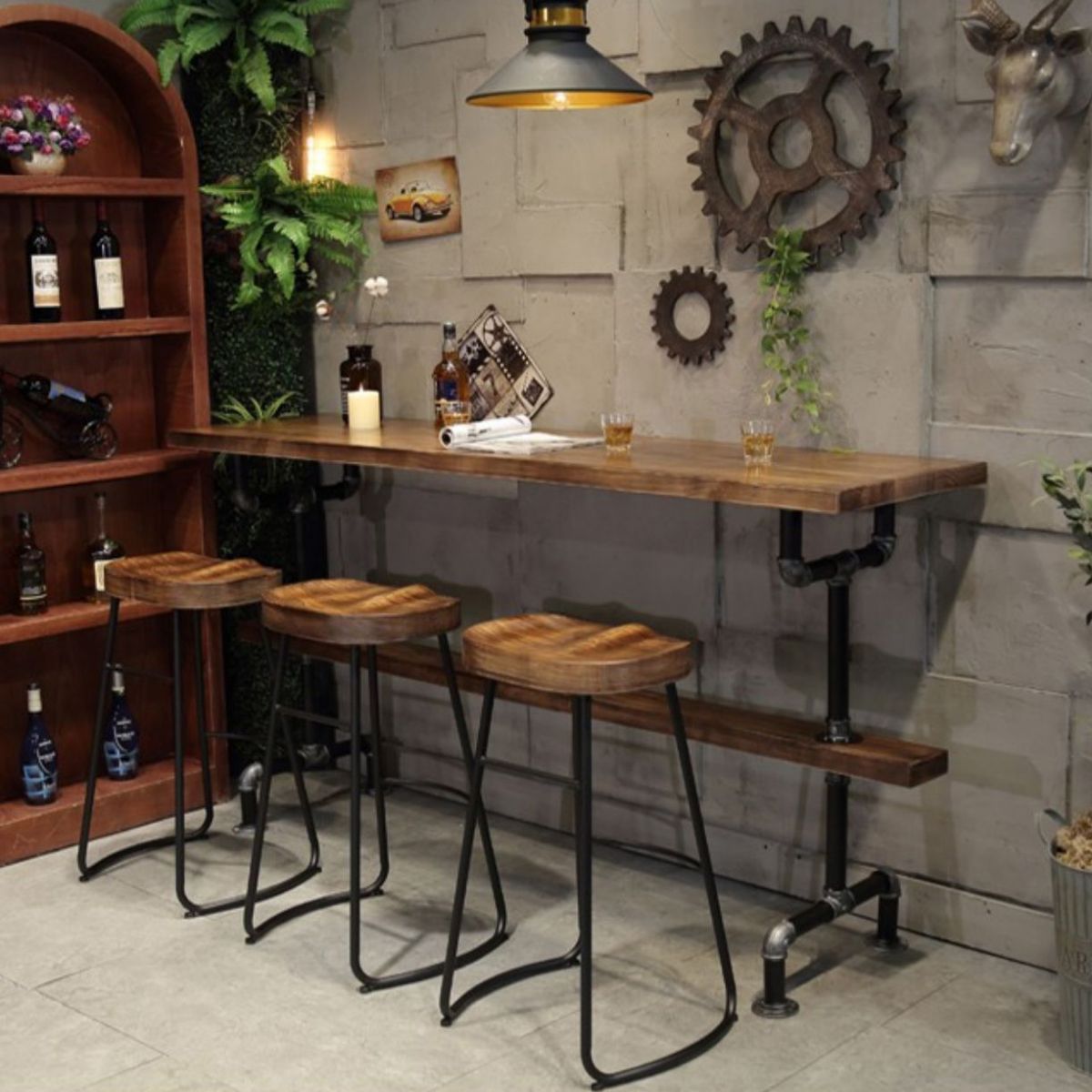 Rectangle Pine Wood Top Bar Table Industrial Bar Table with Trestle Base