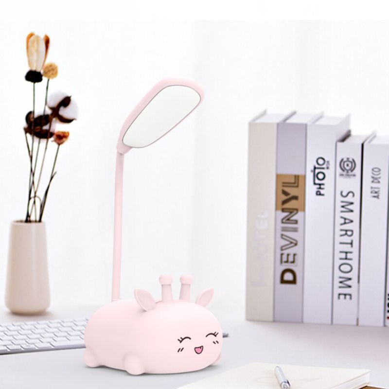 Cartoon Sika Deer Lámpara de escritorio de plástico Room Led Night Light con brazo flexible en blanco/rosa/azul