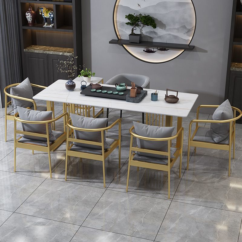 Glam Stone Dining Table Rectangle Iron Table with Golden Double Pedestal Table