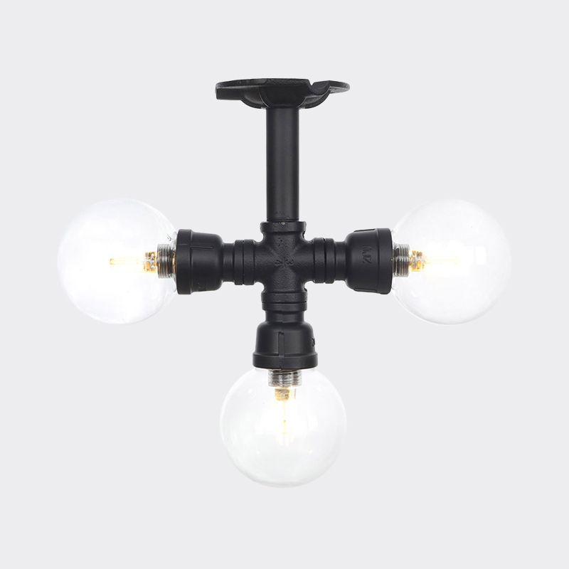 Industrial-Style Orb Semi Flush Light 3/4 Lights Clear Glass LED Flushmount Lamp in Black