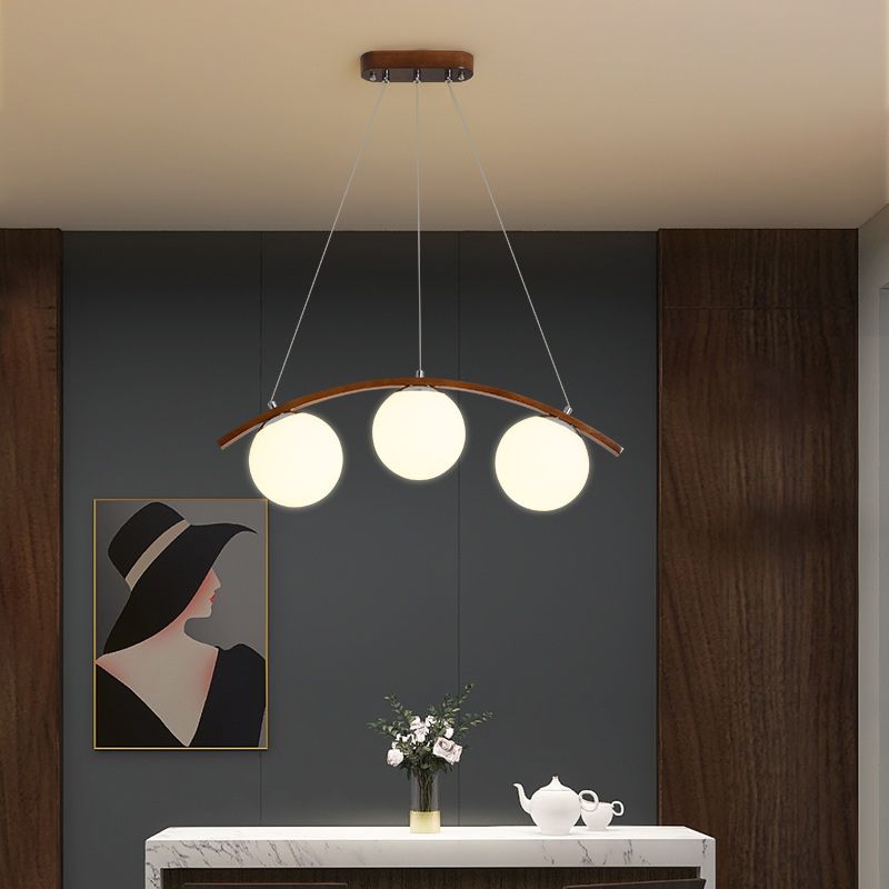 Modern Wooden Island Light Round Glass Shade Chandelier Light Fixture for Dining Room