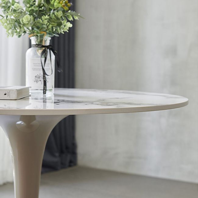 Round Shape White Dining Table Sintered Stone Table Modern with Tulip Base