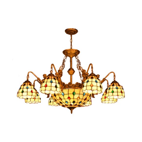 Beige Domed Chandelier Lamp Tiffany 15 Lights Stained Glass Hanging Light
