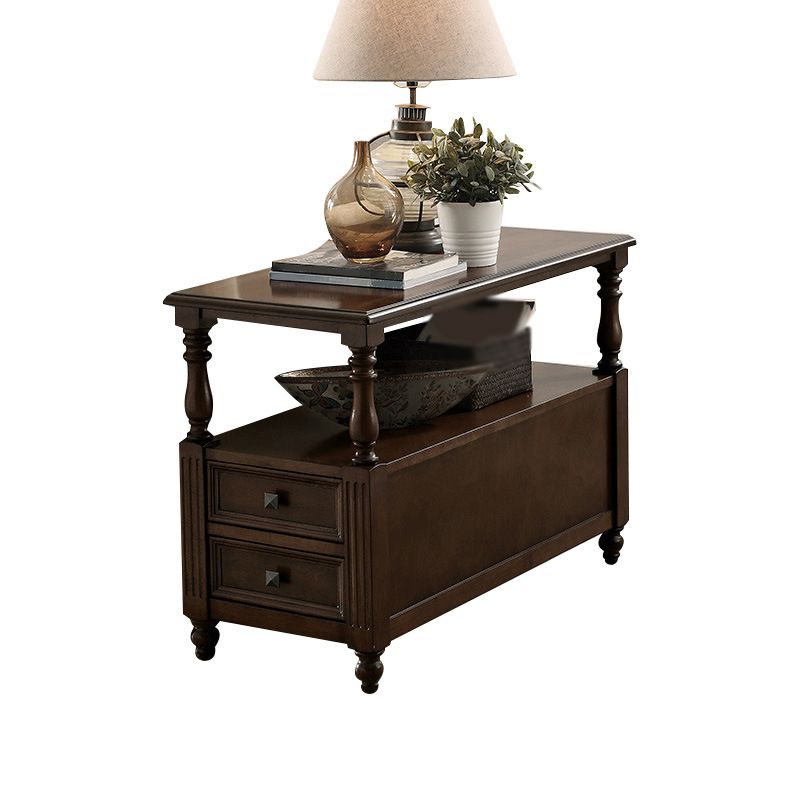 23.6"Tall Rustic Solid Oak Drawer End Table 4 Legs Rectangular Side Table