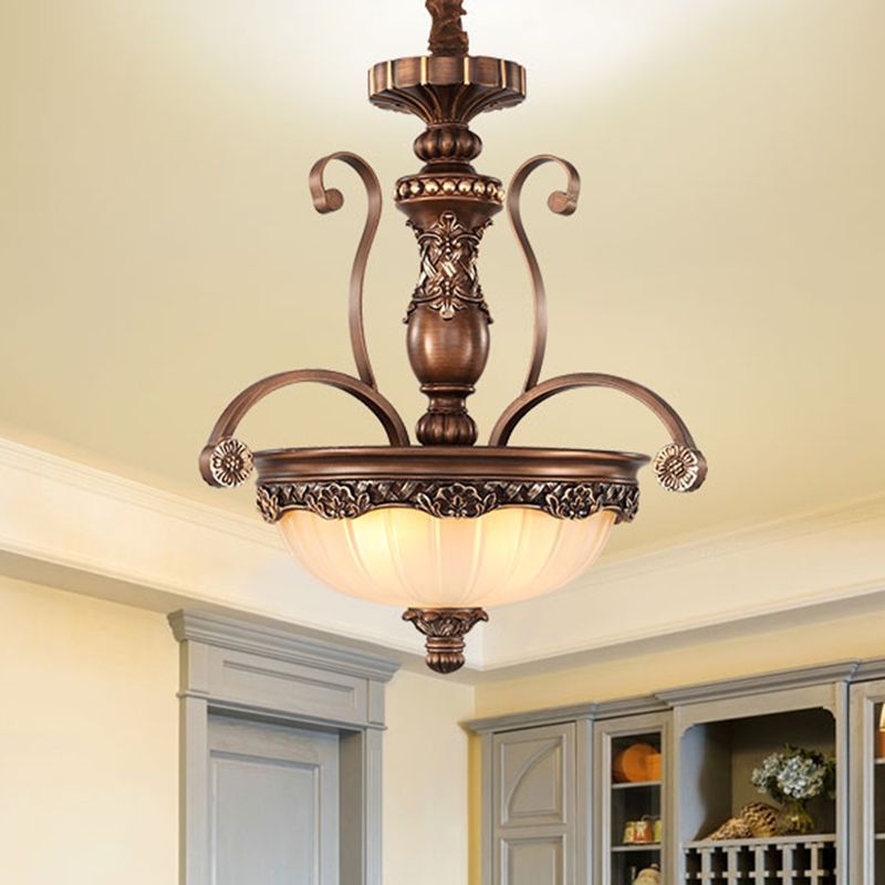 Bowl Etched Ribbed Glass Suspension Light Rustic 3 Heads Corridor Chandelier Light in Bronze