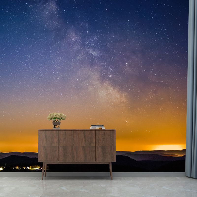 Blue-Yellow Nightfall Stars Mural Moisture Resistant Wall Covering for Living Room