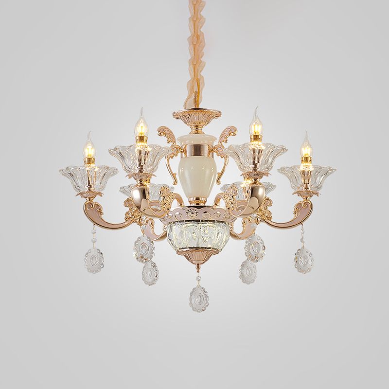 Heldere glazen kaarsen kroonluchter traditionele 6/8 kops slaapkamer hangend licht in goud met kristal draperen