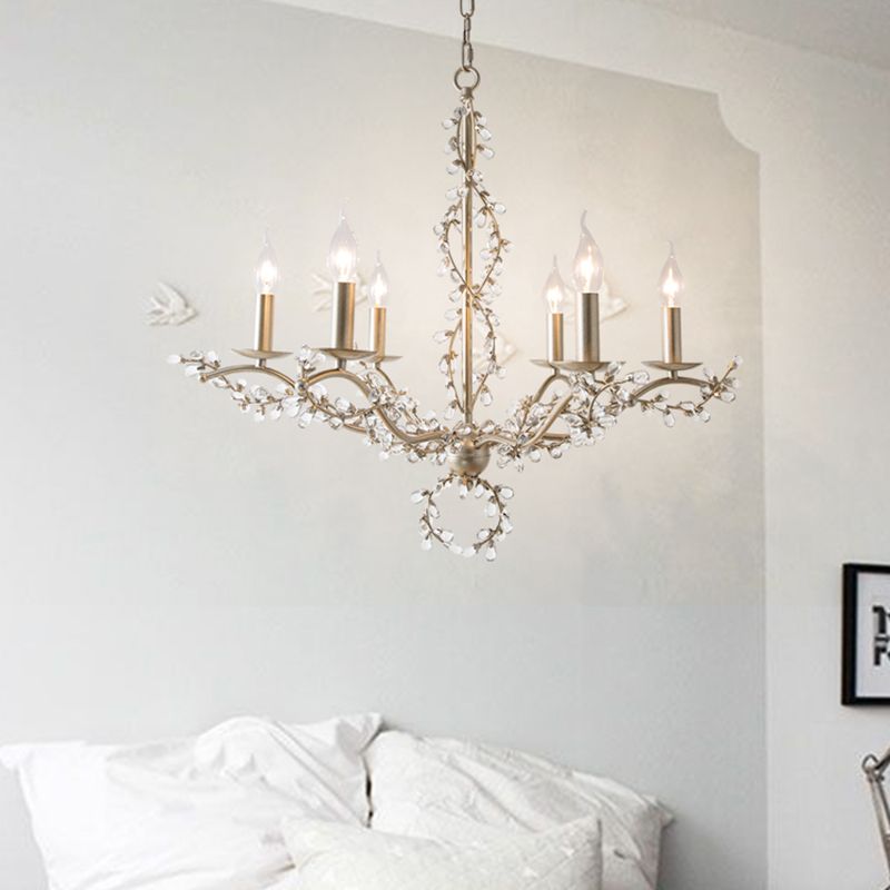 Spur Chandelier Light Contemporary Metal 6 Heads Brass Hanging Lamp Kit with Crystal Leaf