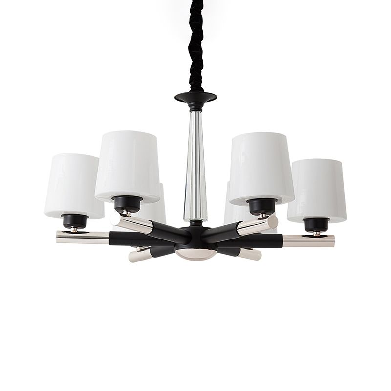 Tapered Frosted White Opal Glass Chandelier Simplicity Living Room Suspension Light in Black