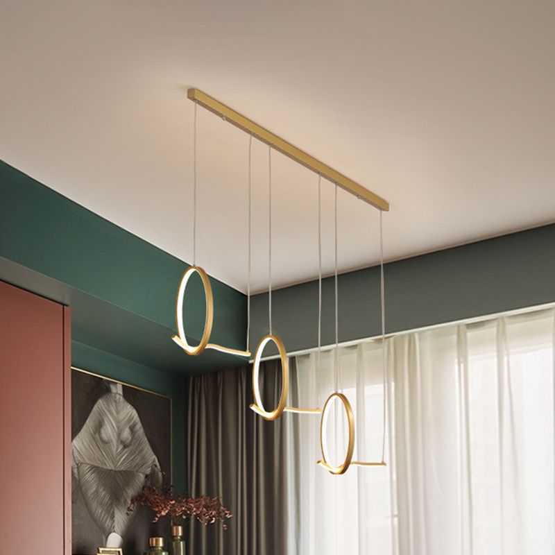 Metallic 3 Ringed Chandelier Lamp Modernist LED Hanging Light Kit in Black/Gold, Warm/White Light