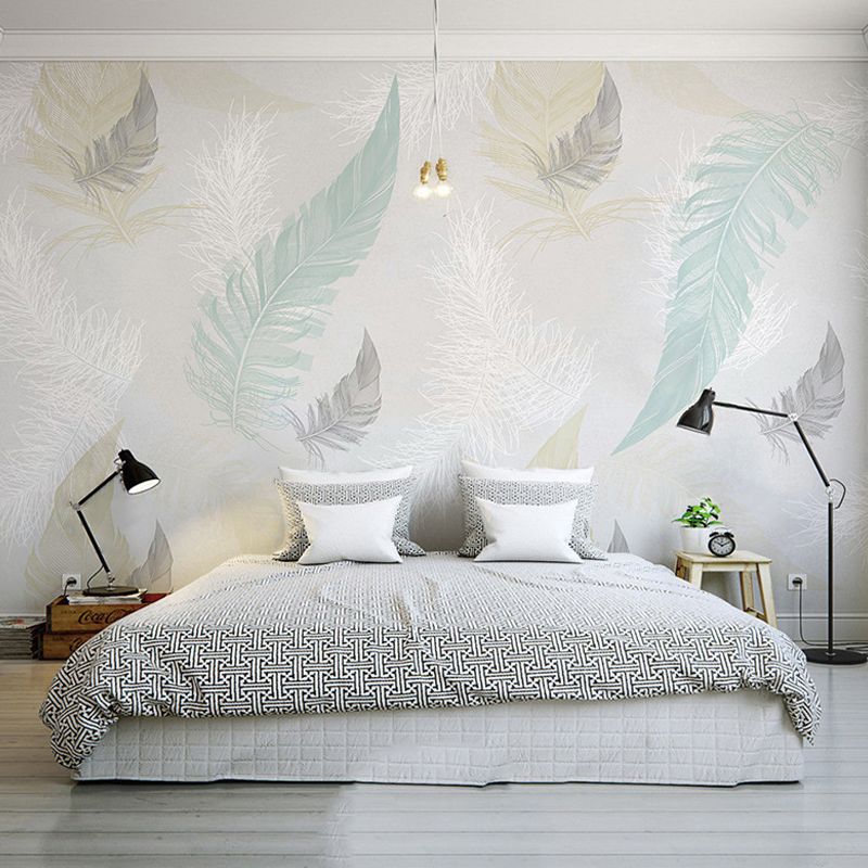 Full Size Feather Wall Art in Grey and Blue Non-Woven Fabric Mural Wallpaper for Home Decoration, Made to Measure