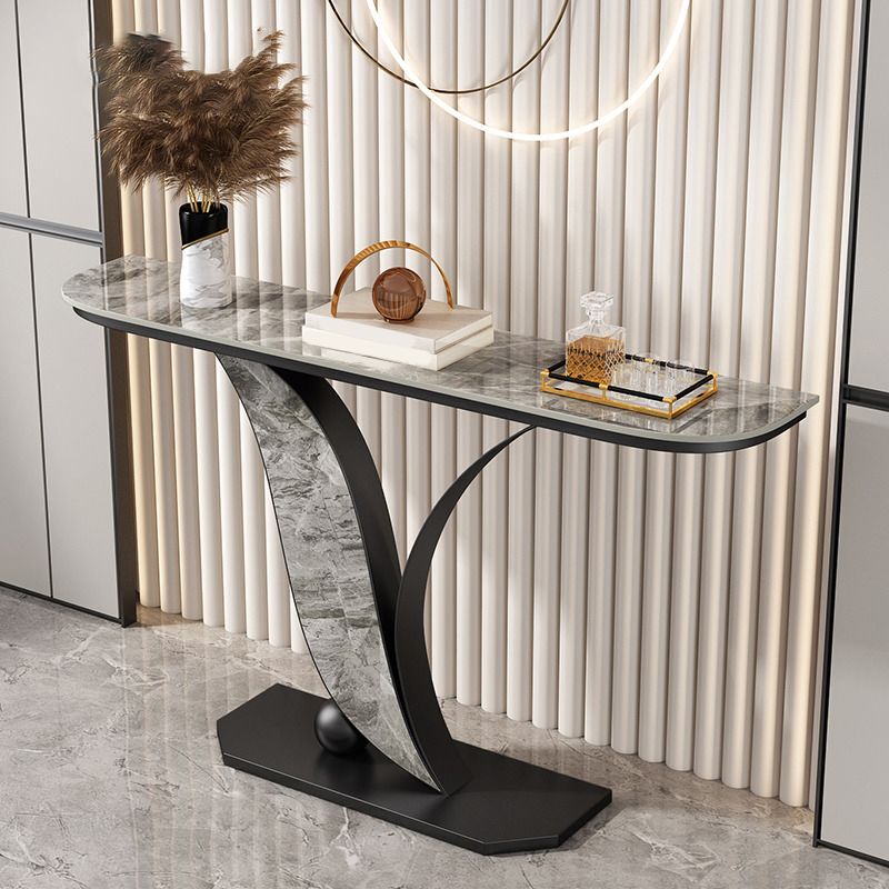 Contemporary Half Moon Console Table with Black Iron Base for Hall