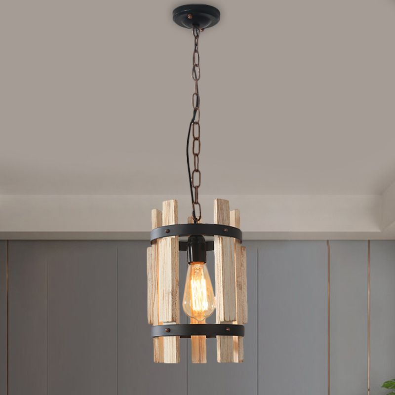 Round Metallic Pendant Lamp Rustic 1 Bulb Parlor Suspension Lamp with Cylindrical Wooden Frame in Wood/White