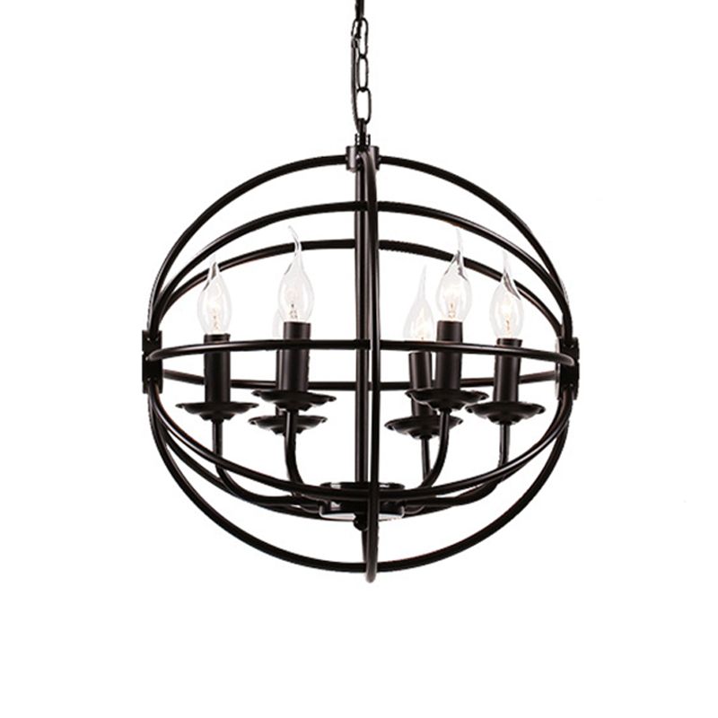 6 Lights Candle Chandelier Classic Black Metal Pendant Light Fixture for Dining Room with Globe Shaped