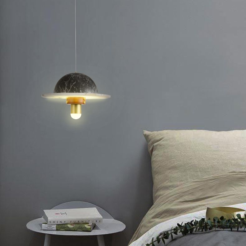 Novelty Postmodern UFO Shaped Pendant Light Marble Bedside LED Hanging Lamp in Gold