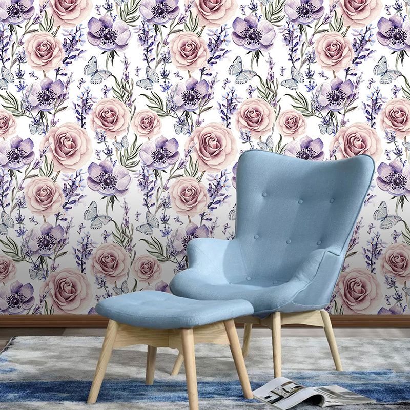 Illustration Style Wallpaper Blossoming Rose Wall Covering for Guest Room Decor in Soft Color, Self-Adhesive