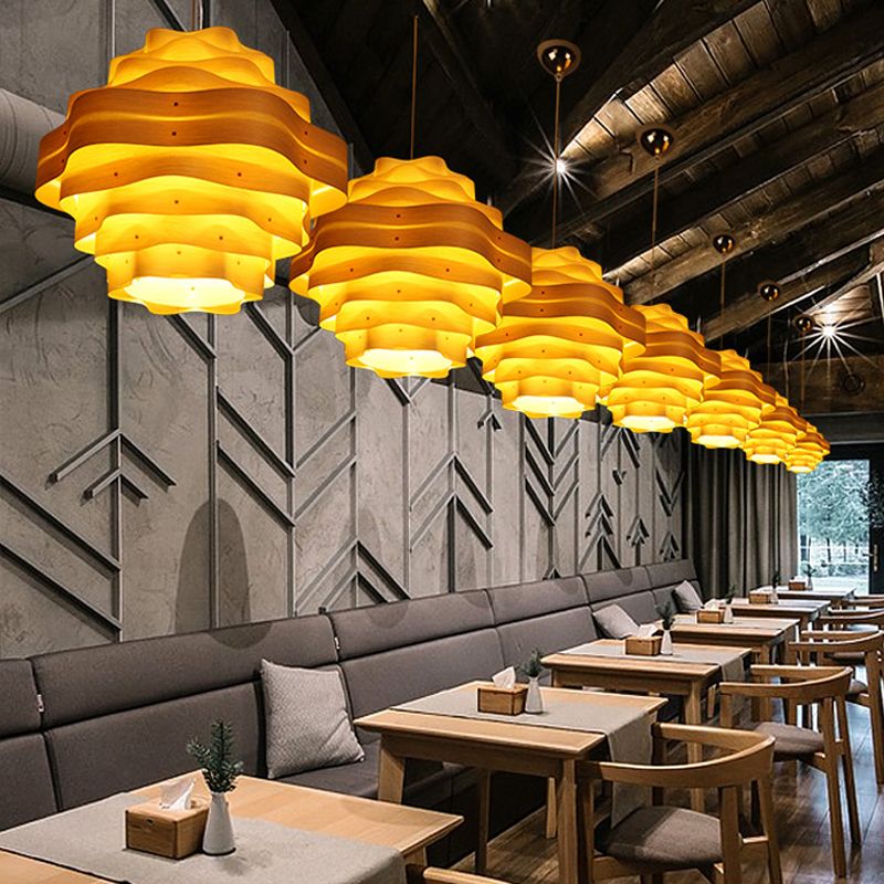 Wavy Layered Wood Pendant Lighting Asia Novelty 1 Bulb Beige Suspended Lighting Fixture